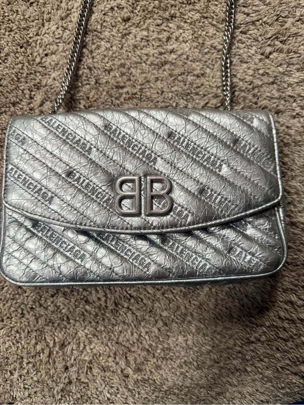 Balenciaga Metallic Silver BB Quilted Shoulder Bag